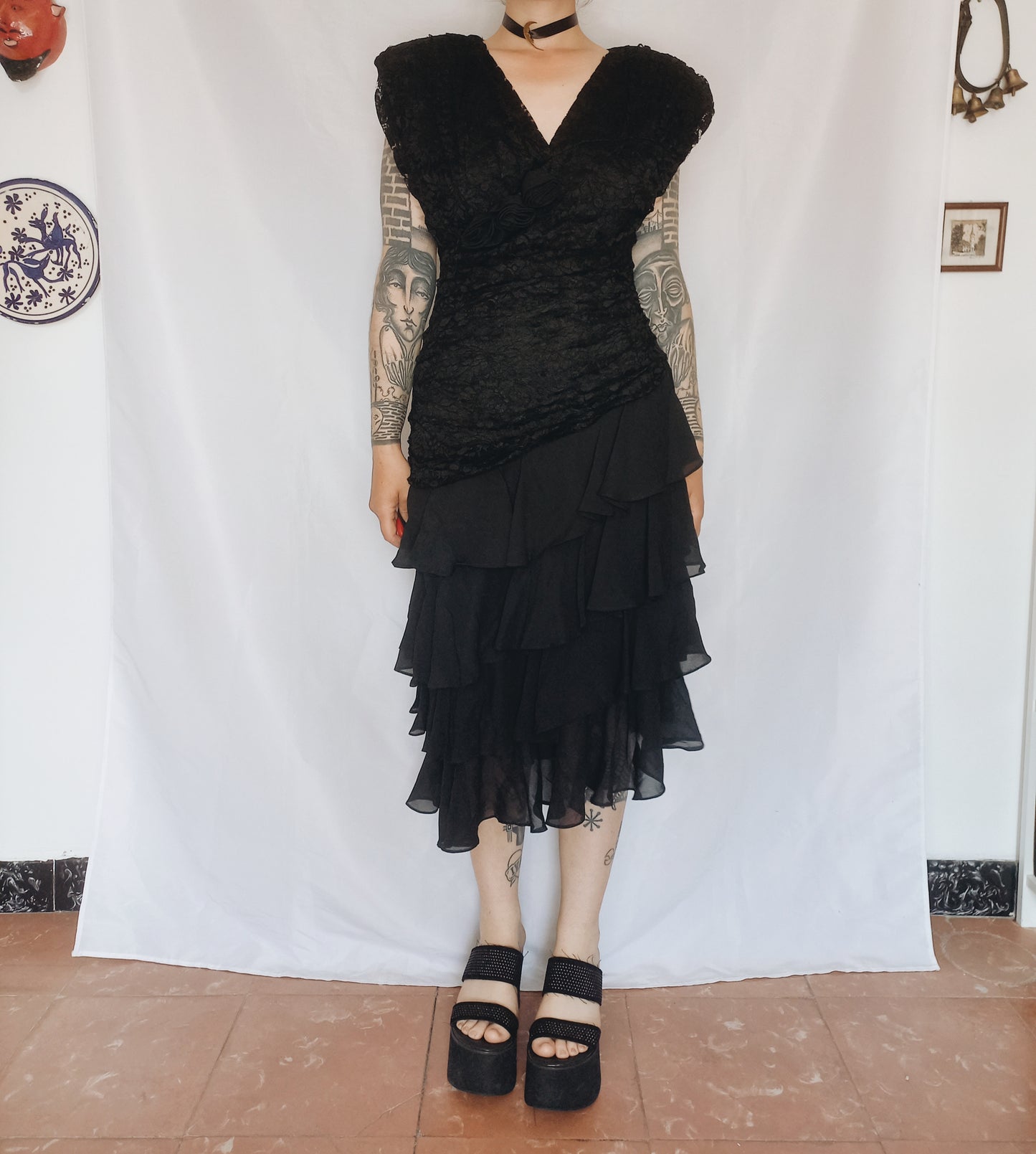 Lace 80s Goth Dress - M