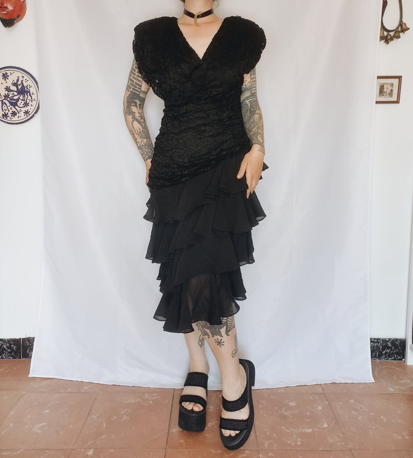 Lace 80s Goth Dress - M