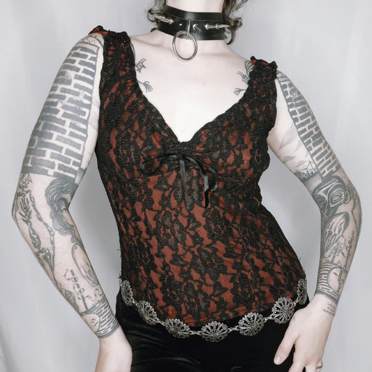 Black and Red Lace Corset Top - M