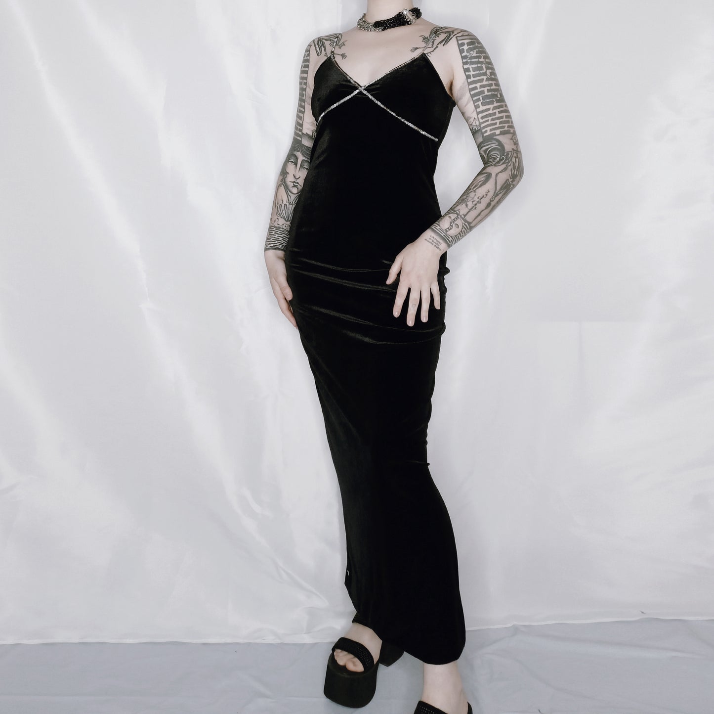 Black Velvet Silver Sequin Dress - S/M