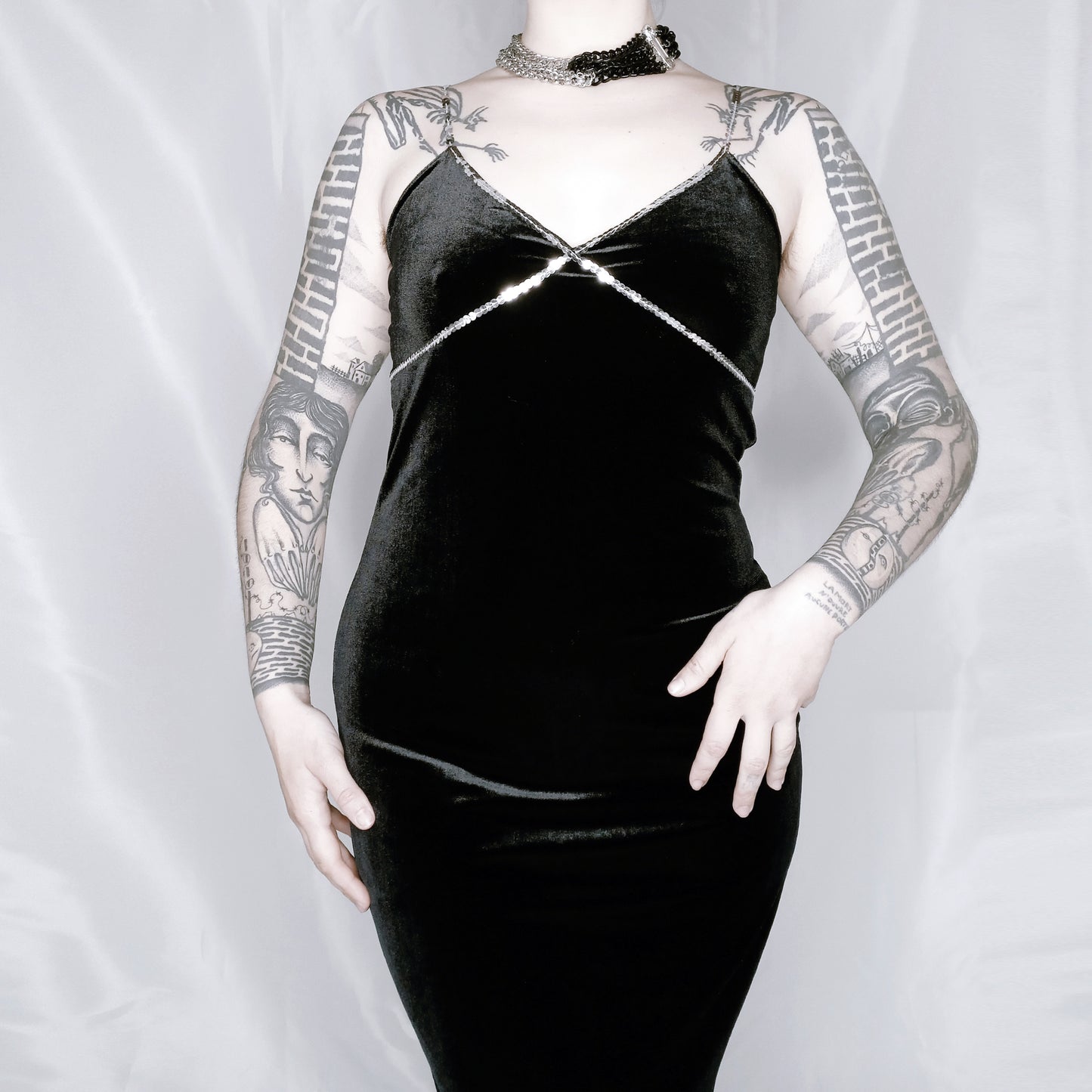 Black Velvet Silver Sequin Dress - S/M