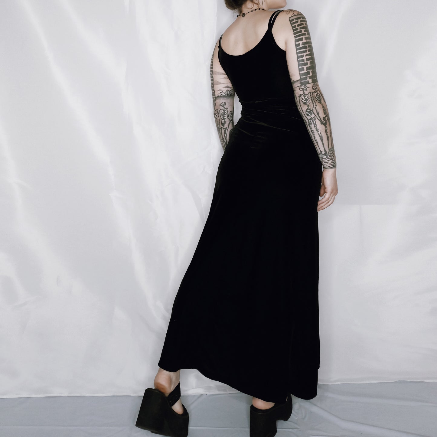 Velvet Cut Out Sheer Embroidery Dress - S/M