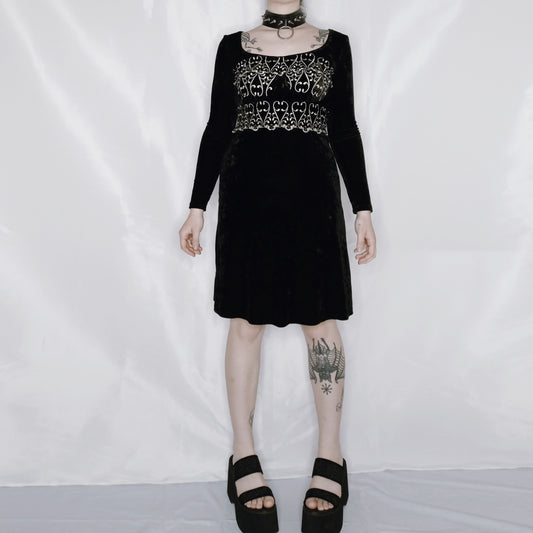 Embroidered Black Velvet Babydoll Dress - S/M