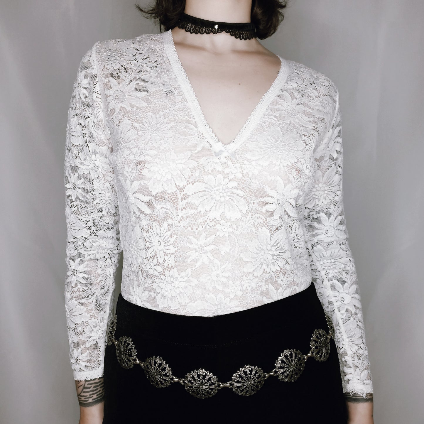 White Sheer Sweetheart Lace Top - M