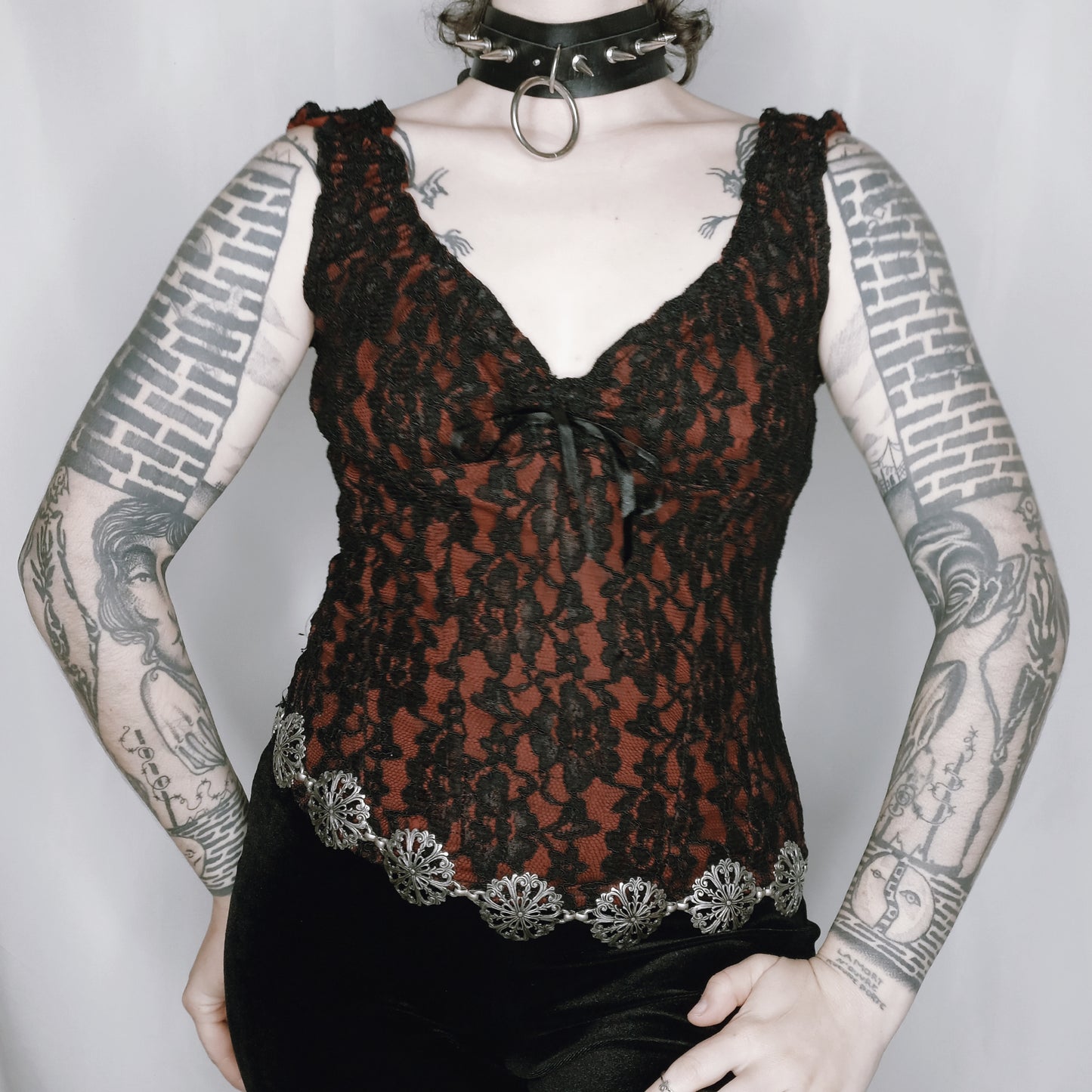 Red & Black Lace Corset Top - M