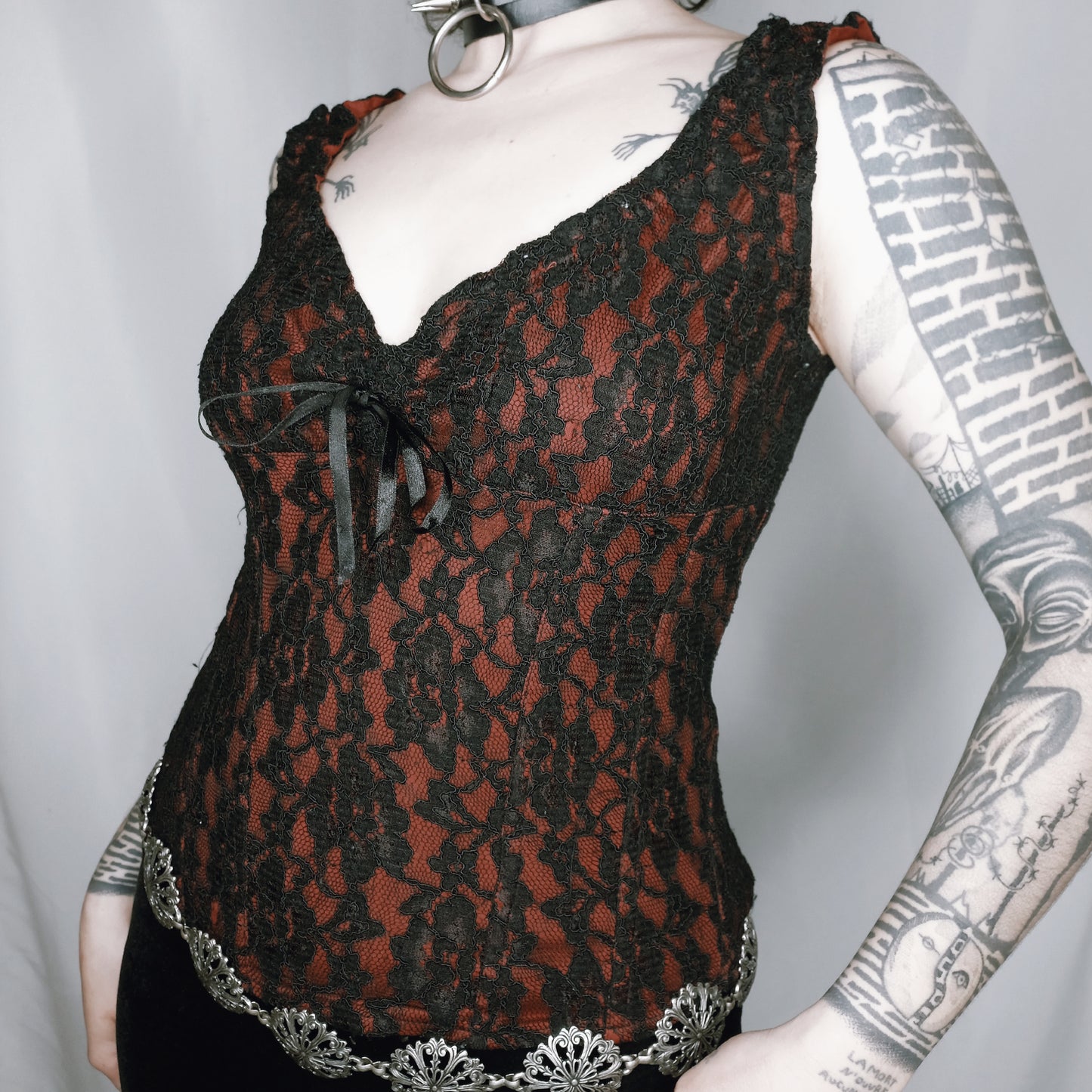 Red & Black Lace Corset Top - M
