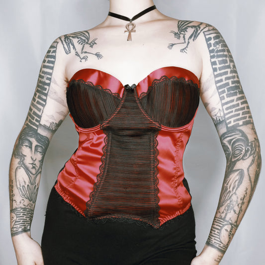 Red and Black Satin Corset Top - L