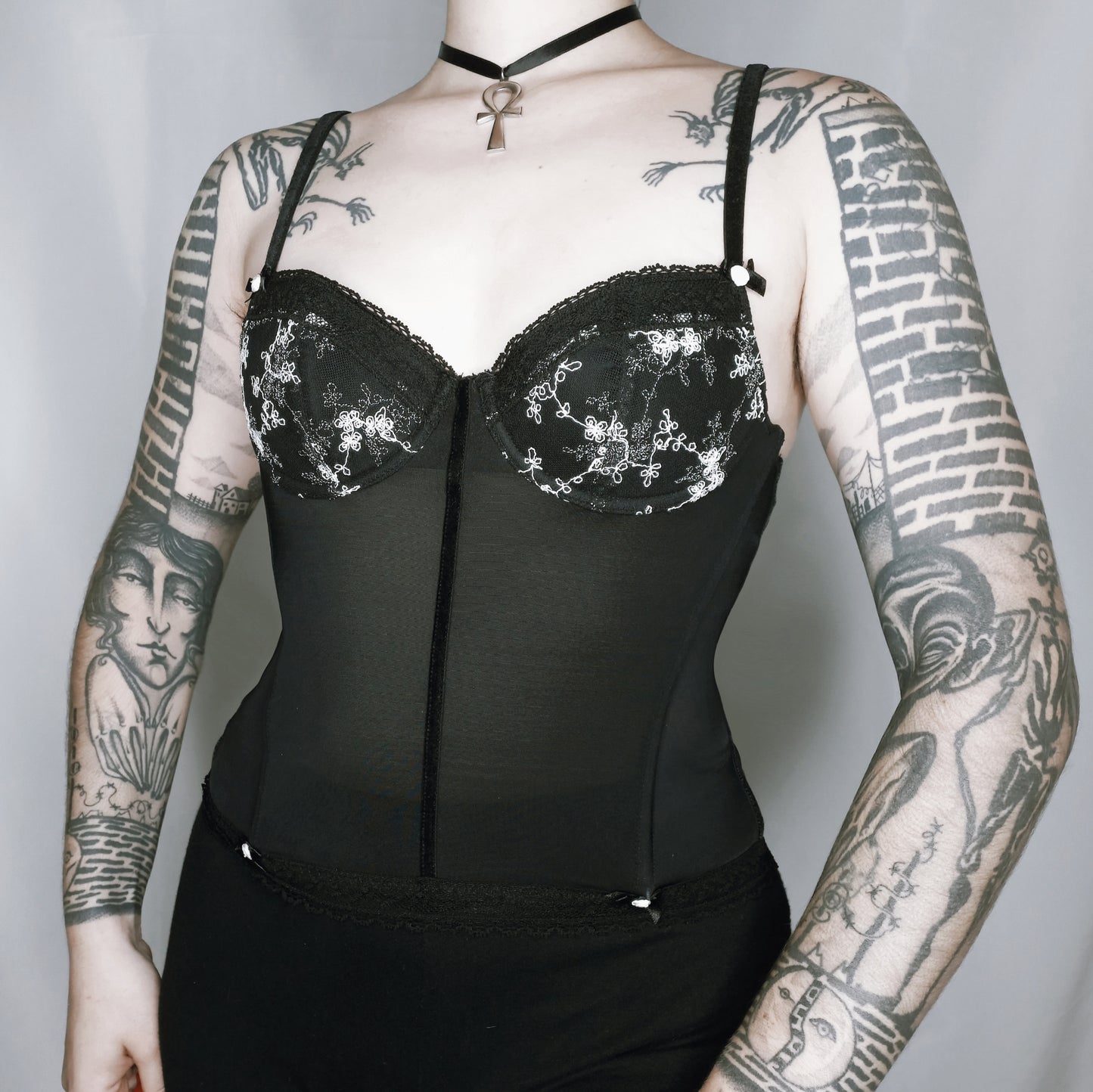Floral Embroidery Mesh Corset - S/M