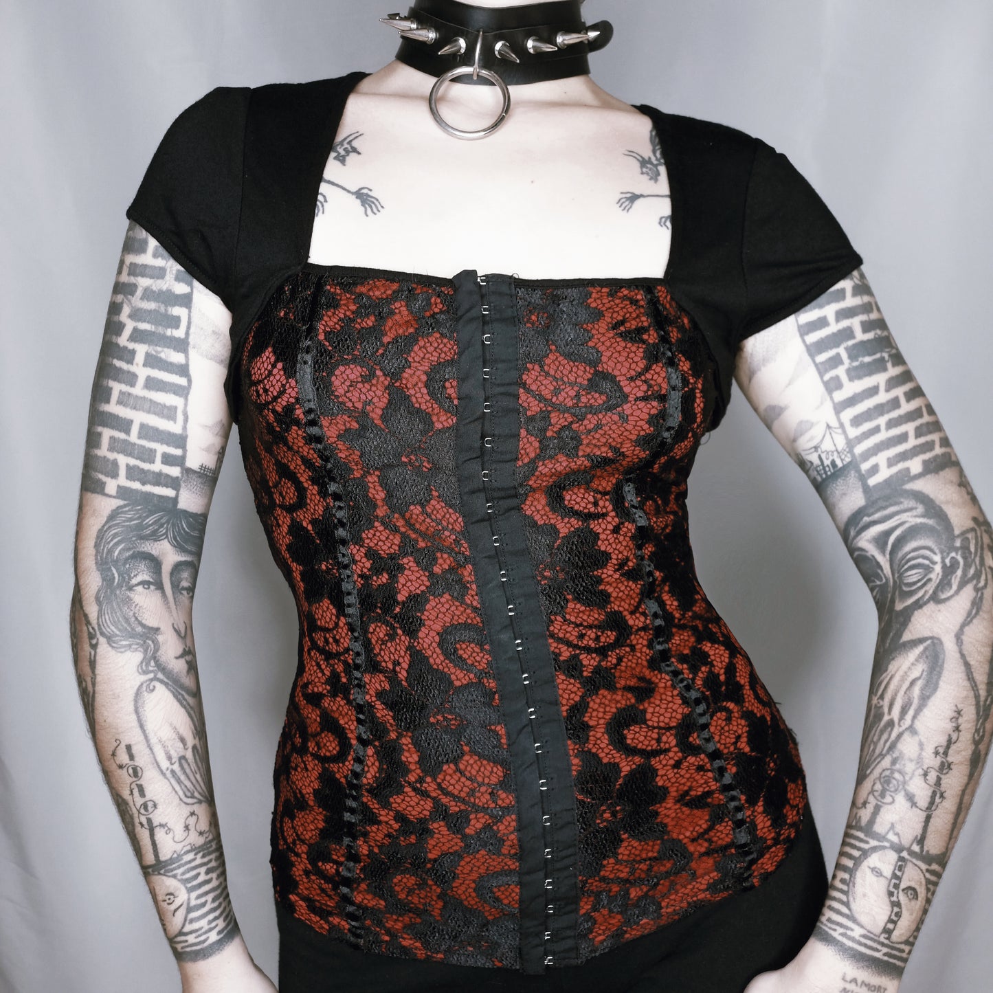 Lace Up Red Lace Corset Top - M