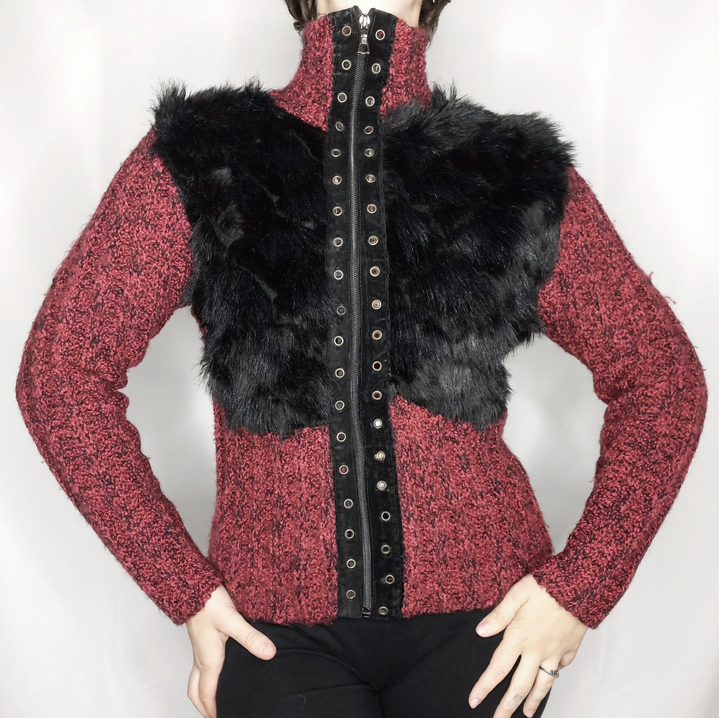 Red Knitted Faux Fur Jacket - M